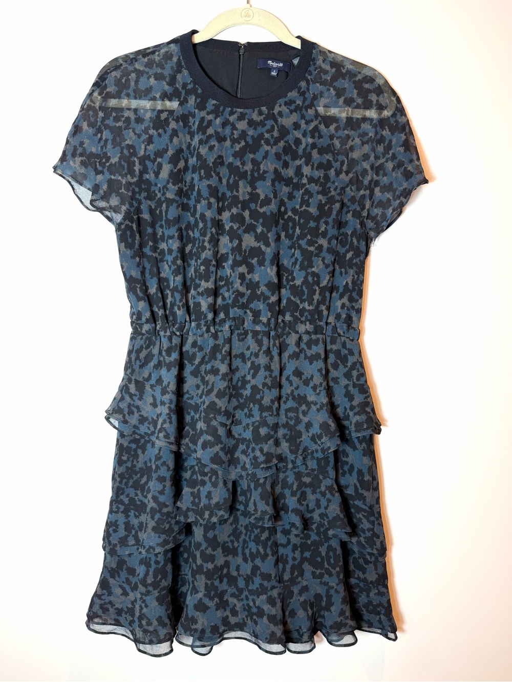 Madewell Radiant Tiered Ruffle Mini Dress Inkspot Leopard Blue Black Size 4